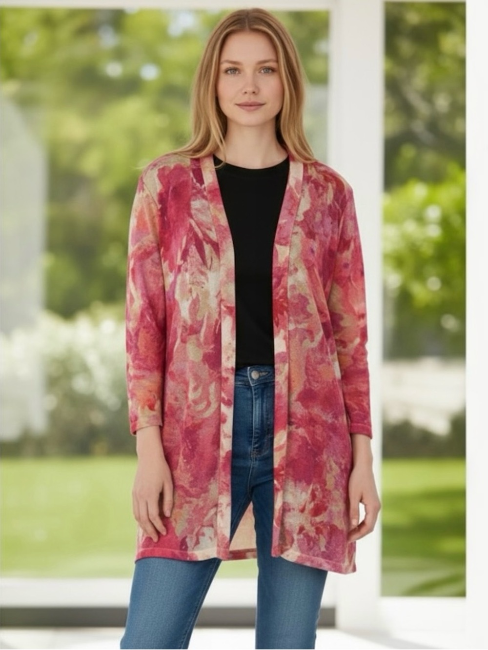 Jones New York Watercolor Floral Bracelet Sleeve Open Front Light Cardigan XL